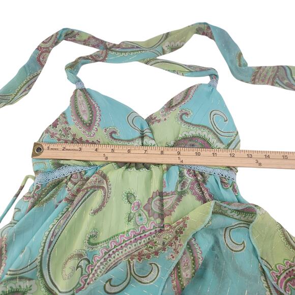 Vintage Y2k Halter Top Small 2000s Paisley Green Blue Lace Chiffon Fairycore - Picture 13 of 15